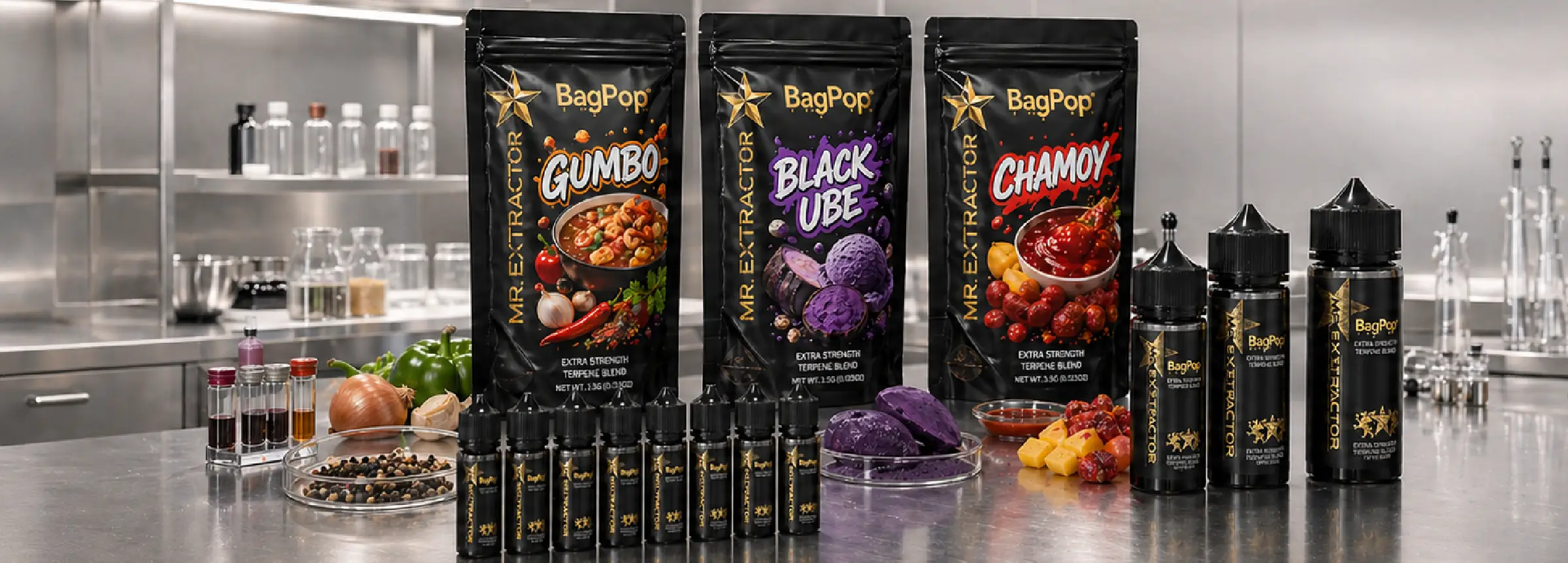 Custom terp spray flavor lab by Mr. Extractor with flavor bags, terpene spray bottles, ingredients, and formulation equipment