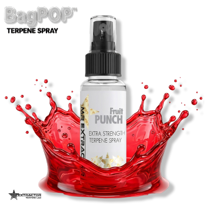 Fruit Punch BagPOP Terpene Spray bottle with mixed fruit slices and punch splash
