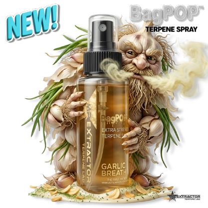 Garlic Breath BagPOP Terpene Spray bottle with garlic bulbs and savory vapor swirl