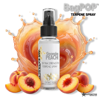Georgia Peach terpene spray (BagPOP™) — extra-strength aroma/flavor spray bottle with fresh peach slice decoration