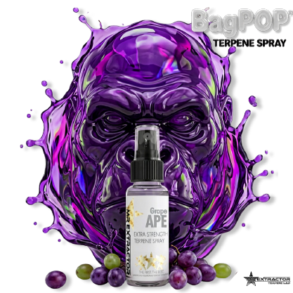 Grape Apde terpene spray (BagPOP™) — extra-strength aroma/flavor spray bottle with grape clusters, cash roll, and handcuffs decoration