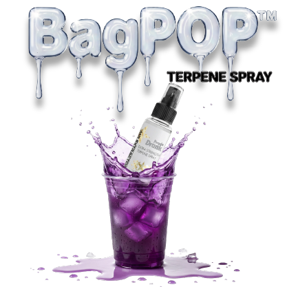 Cigarillo flavored terpene sprays. Purple Drink terpene spray (BagPOP™) — extra-strength aroma/flavor spray bottle splashing into a cup of purple drink with ice