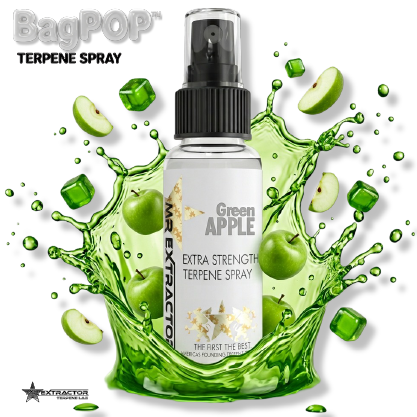 Green Apple BagPOP Terpene Spray bottle with green apple slices and liquid splash