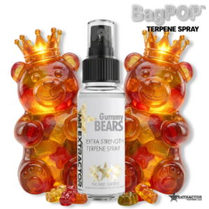 Gummy Bear BagPOP Terpene Spray bottle with colorful gummy bears and candy splash