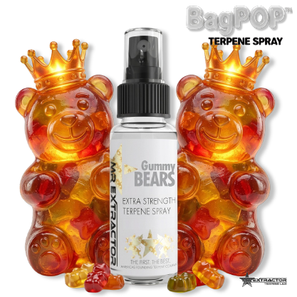 Gummy Bear BagPOP Terpene Spray bottle with colorful gummy bears and candy splash