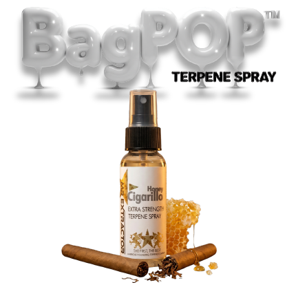 Honey Cigarillo terpene spray (BagPOP™) — extra-strength aroma/flavor spray bottle with honeycomb and cigarillo decoration