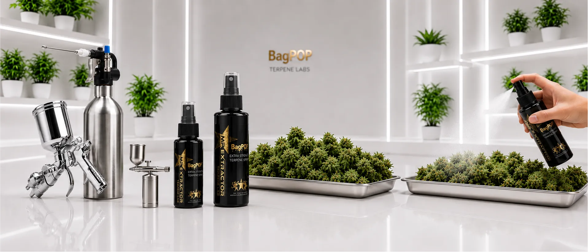 How to spray flower with BagPOP™ terpene spray using drops, spray bottles, bulk containers, and packaged flower for aroma coverage and flavor matching