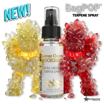 Lemon Cherry Rock Candy BagPOP terpene spray by Mr. Extractor with yellow and red crystal candy figures
