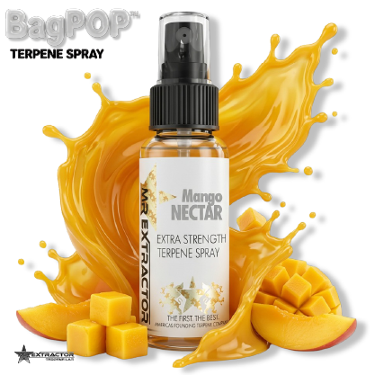 Mango Nectar BagPOP Terpene Spray bottle with mango slices and juicy nectar splash
