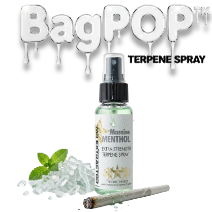 Massive Menthol terpene spray (BagPOP™) — extra-strength aroma/flavor spray bottle with mint leaves, ice, and a rolled cone