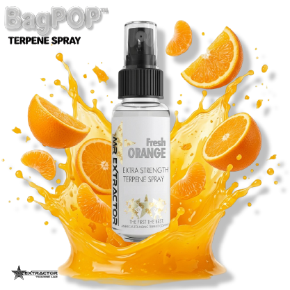 Fresh Orange BagPOP Terpene Spray bottle with orange slices and citrus splash