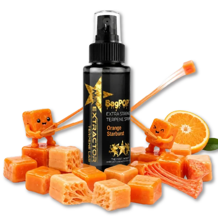 Orange Starburstz Terpene Spray with bright orange fruit-chew flavor for flower