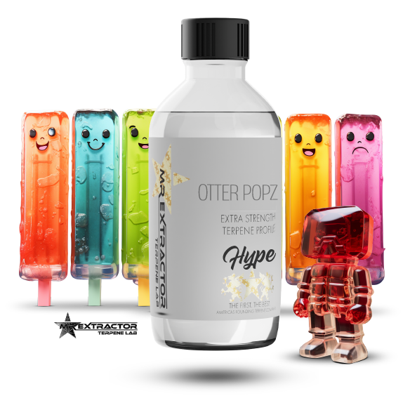 Mr Extractor's "Otter Popz" Terpenes: Derived from Animal Mints and Gelato 41, emphasizing berry and citrus aromas.