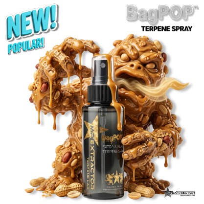 Botanical flavor terpene sprays. BagPOP™ Peanut Butter Breath terpene spray bottle with peanut butter swirl and peanuts decoration.