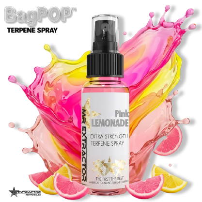 Pink Lemonade BagPOP Terpene Spray bottle with pink citrus slices and lemonade splash