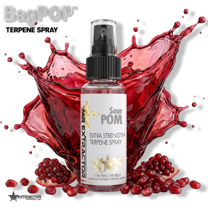 Sour Pomegranate Candy BagPOP Terpene Spray bottle with pomegranate seeds and sour candy splash
