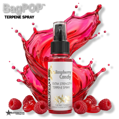 Raspberry Candy BagPOP Terpene Spray bottle with raspberries and candy liquid splash