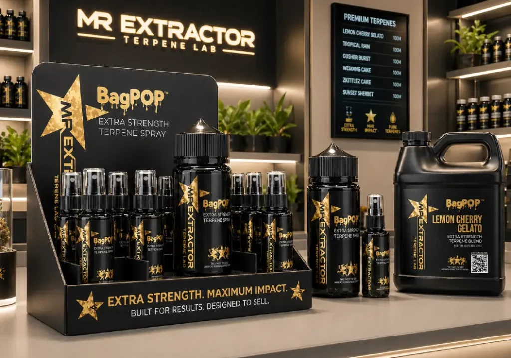 BagPOP retail terpene spray display by Mr. Extractor with shelf-ready bottles, countertop display stand, and bulk retail packaging