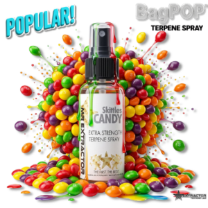 Skittles Candy BagPOP Terpene Spray bottle with colorful candy pieces and rainbow splash