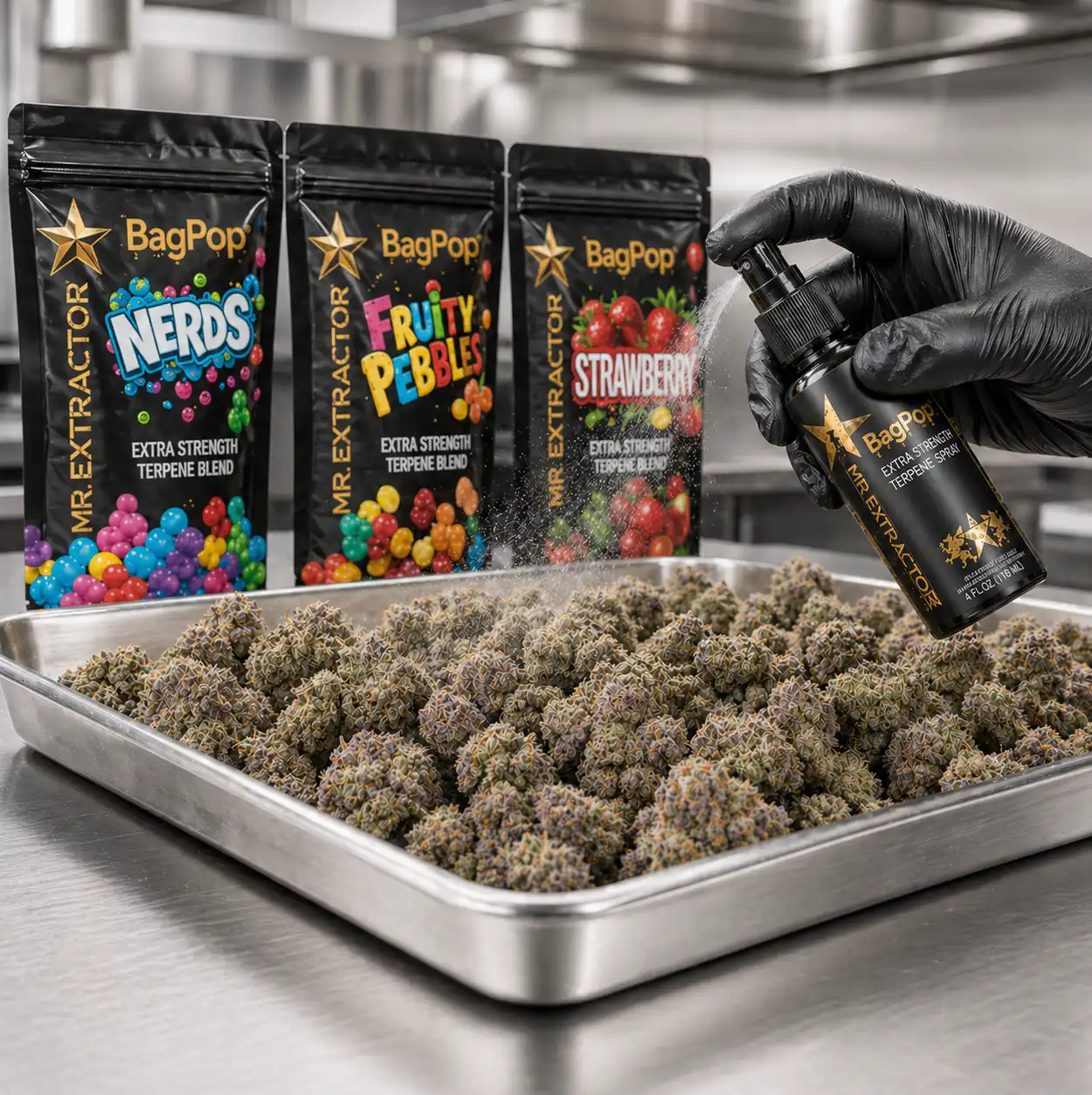 Terp spray being applied to flower in a production tray with flavored bags and Mr. Extractor terpene spray bottle