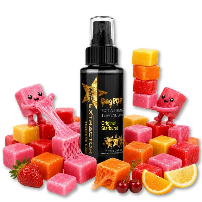 Starburstz Terpene Spray with bold chewy fruit-candy flavor for flower