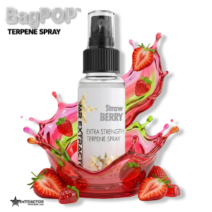 Strawberry Gummy BagPOP Terpene Spray bottle with strawberry gummies and candy splash