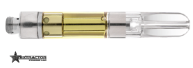 510-style terpene cartridge hardware with glass tip and gold chamber, transparent background product image