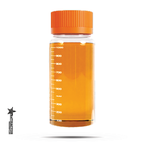 Small clear lab bottle filled with amber extract, orange ribbed screw cap, and white measurement markings, isolated on a transparent background