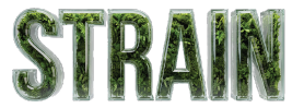STRAIN text graphic with green leafy plant texture inside the letters, isolated on a transparent background