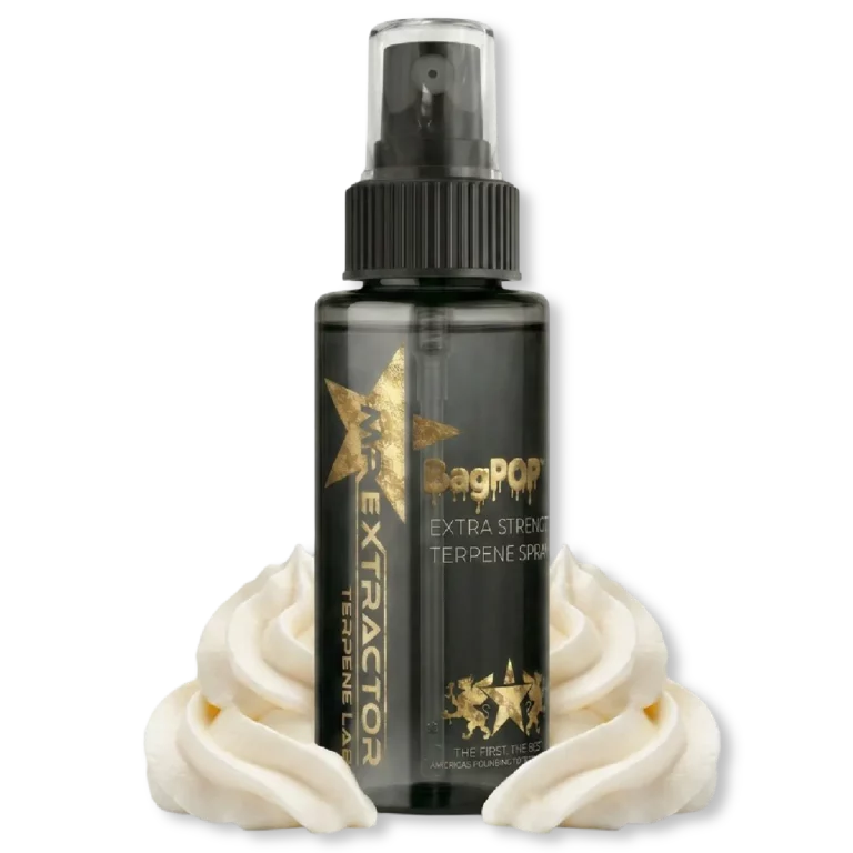 Whipped Cream BagPOP Terpene Spray bottle with whipped cream swirls and creamy splash