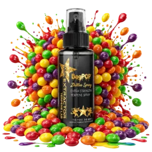 Zkittles BagPop terpene spray bottle by Mr. Extractor surrounded by colorful Z candy pieces and glossy flavor splashes