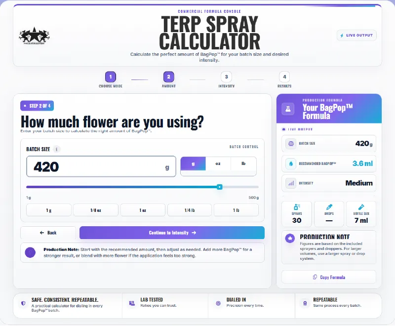 BagPop Terpene Spray Calculator for calculating terpene spray dosage