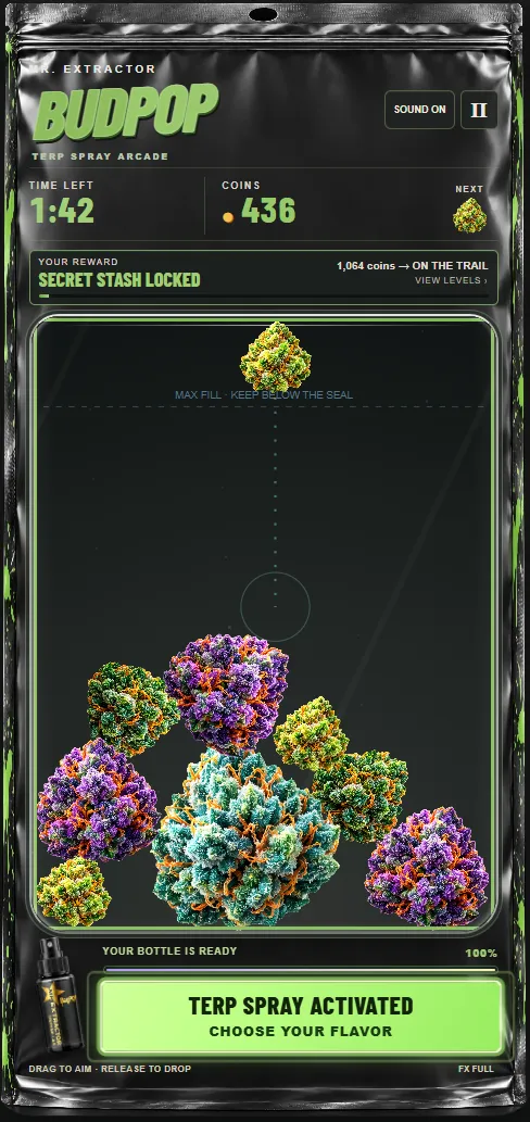 Bud Pop game inside a black and green terp bag, showing colorful buds, a coin counter, and an activated terp spray button.